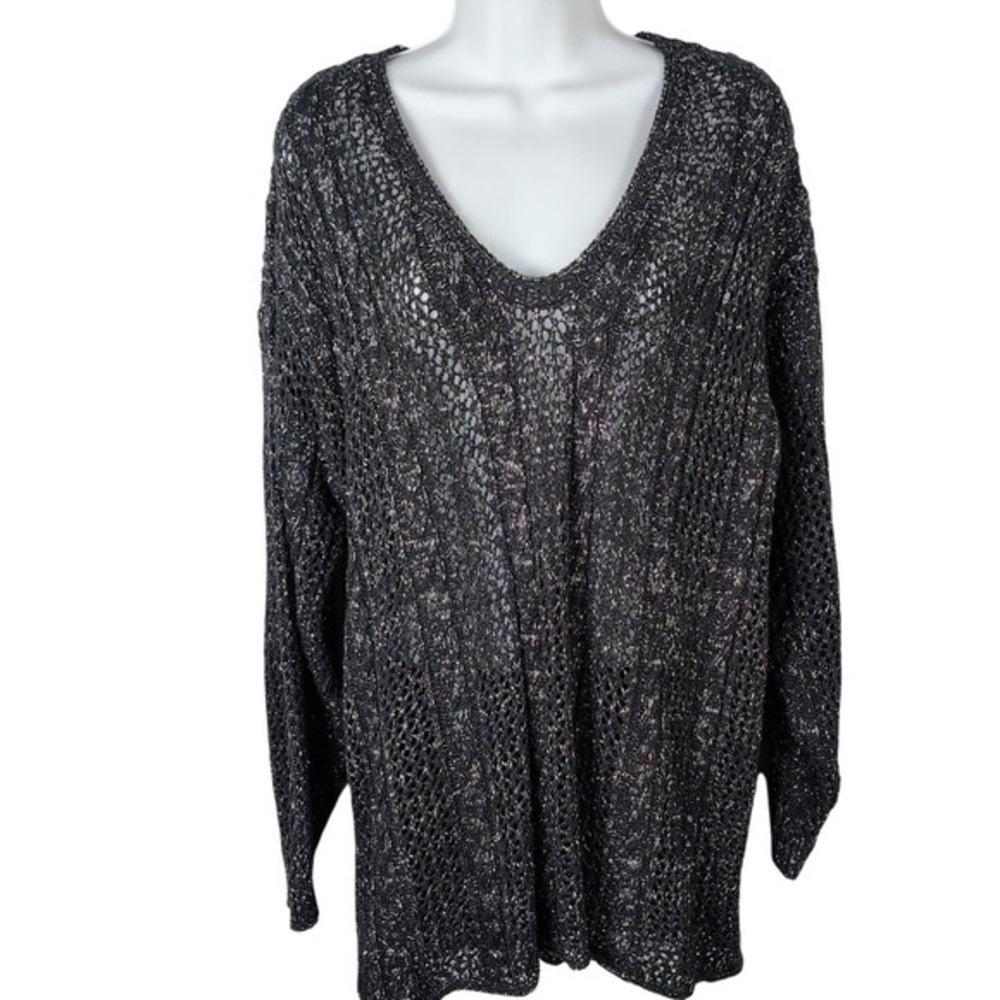 Herald‎ House Vintage Metallic Silver Lurex Black Crochet Sweater Med grunge USA